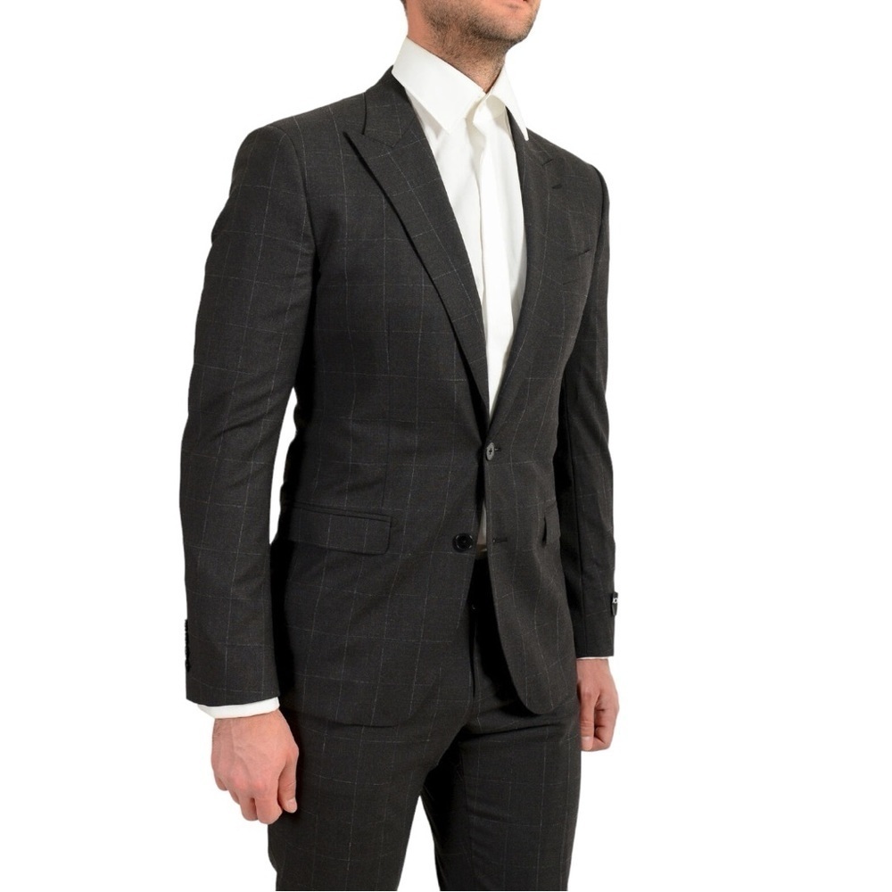 Dolce & Gabbana 3- Piece Dark Grey Windowpane Plaid Wool Sicillia Fit Suit IT 46